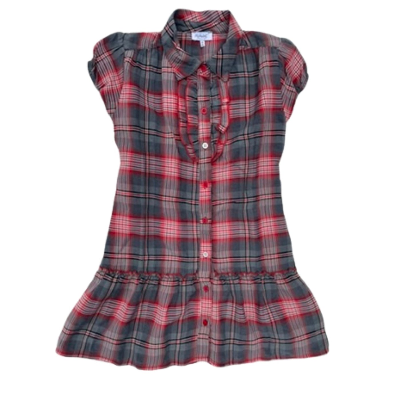 Kariertes Mädchenkleid mit Knopfleiste und Rüschen