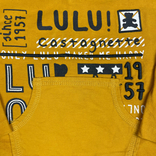 Gelbes LuluCastagnette Sweatshirt mit Print und Kängurutasche, Größe 24M – front