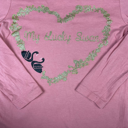 Rosa Palomino Langarmshirt „My Lucky Swan“ mit Glitzer-Herz und Schwan-Motiv – detail