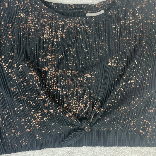 Schwarzes kurzärmeliges T-Shirt mit goldenen Sprenkeln und Knoten vorn, Größe 5 Jahre – detail