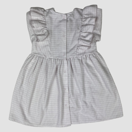 Rosa Rapife Babykleid mit Hahnentrittmuster, langen Ärmeln, Rüschen vorn und Schleife in der Taille, Größe 12M – back