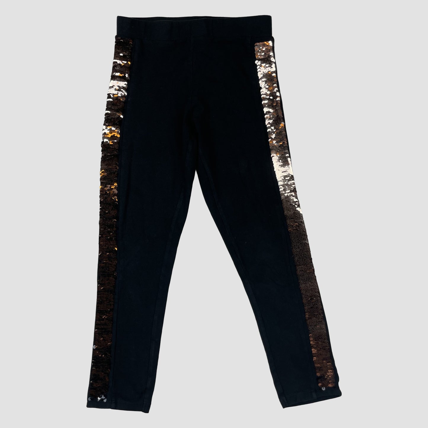 Schwarze Kinder-Leggings mit goldfarbenen Paillettenstreifen an den Seiten – front