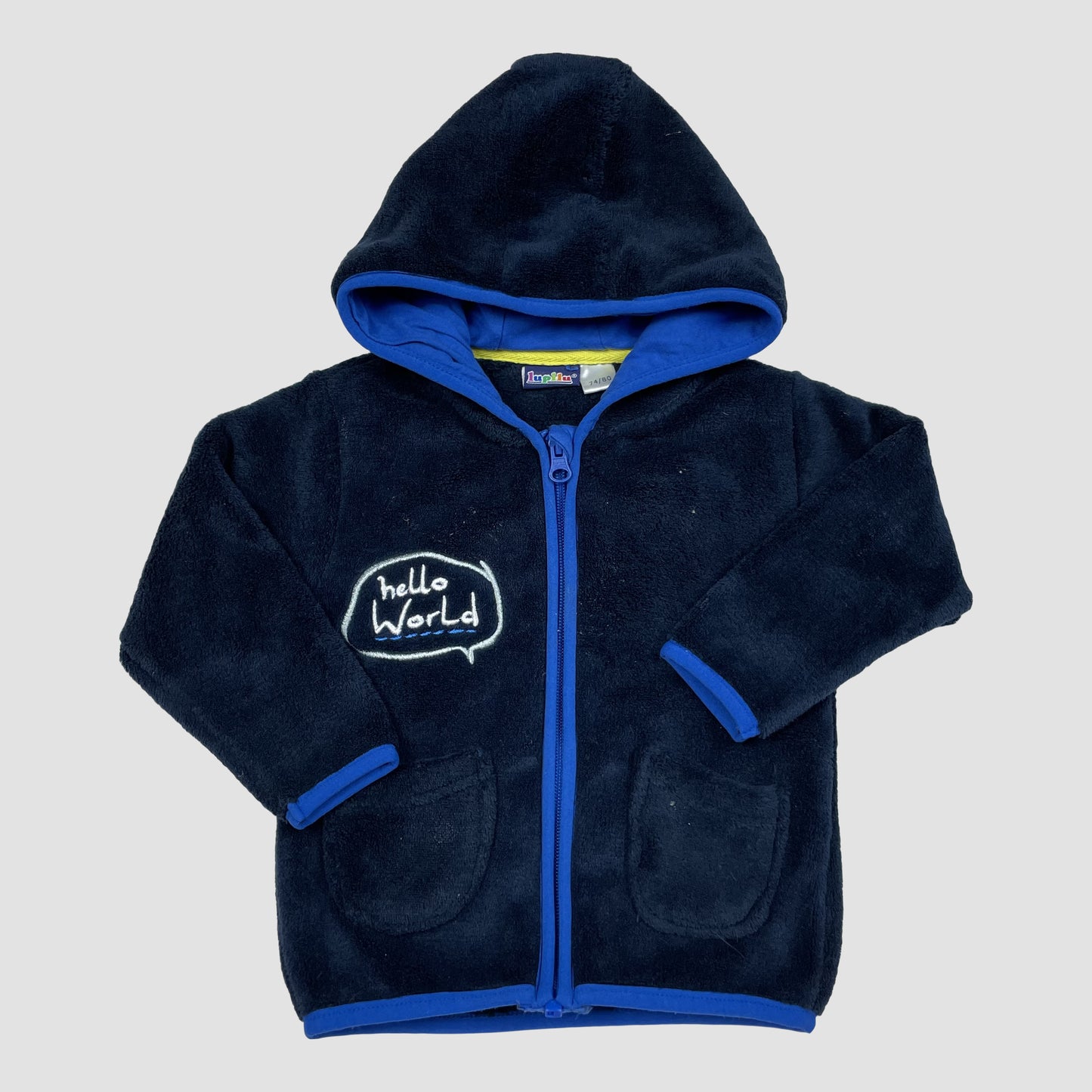 Dunkelblaue Baby-Fleecejacke mit Kapuze, Reißverschluss und