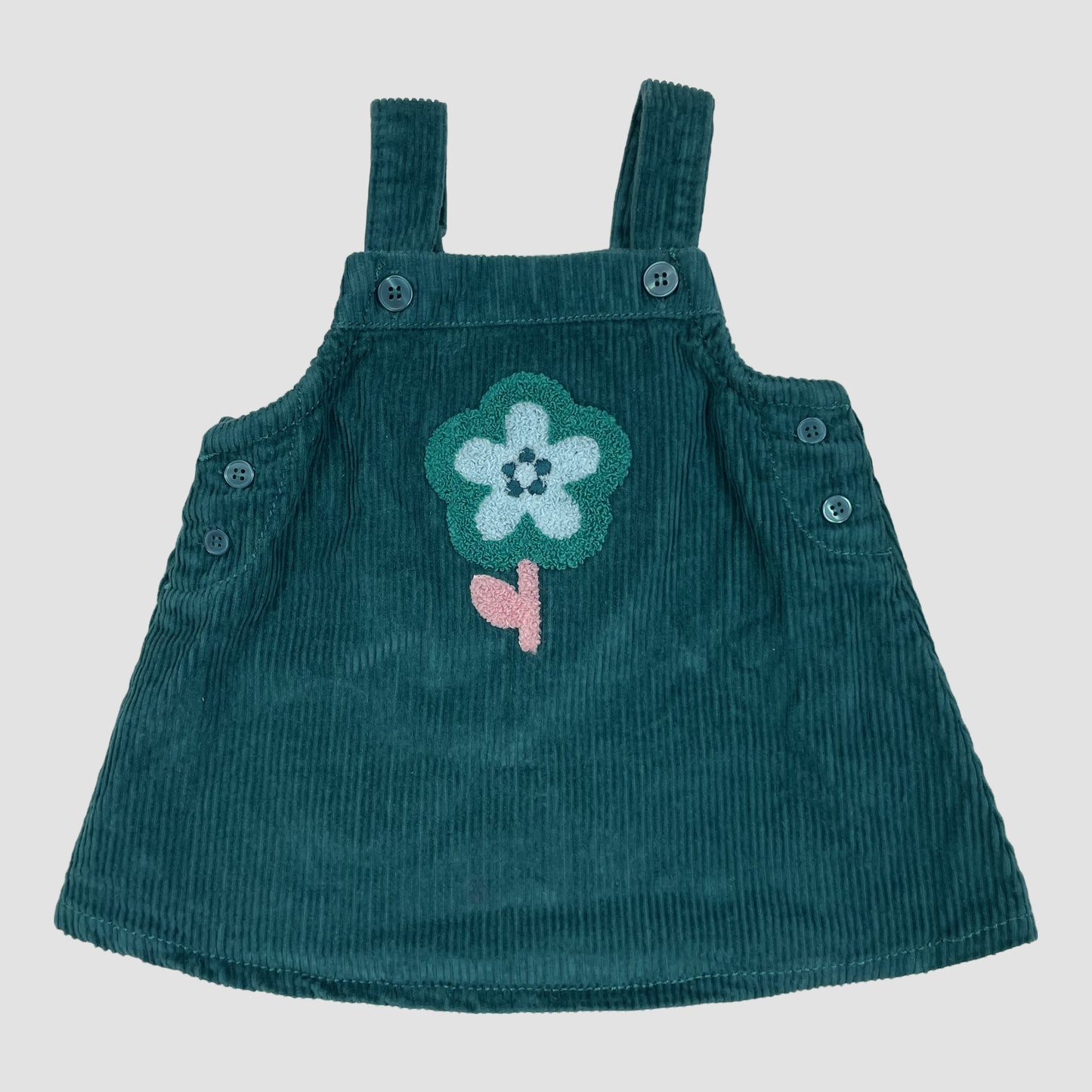 Türkisgrünes Cord-Trägerkleid mit Blumenapplikation von Next, Größe bis 3 Monate