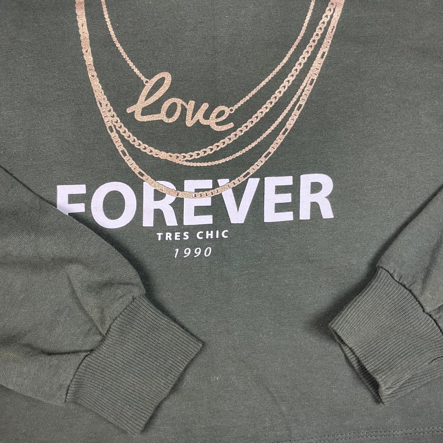 Grünes Sweatshirt mit goldfarbener Ketten-Grafik und FOREVER-Print, Größe 140-146 – detail