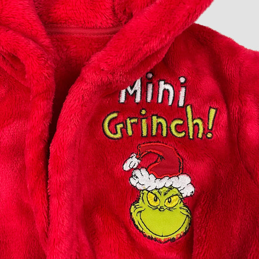 Roter Kinder-Bademantel mit Grinch-Stickerei, Kapuze und Gürtel, Größe 12–18 Monate