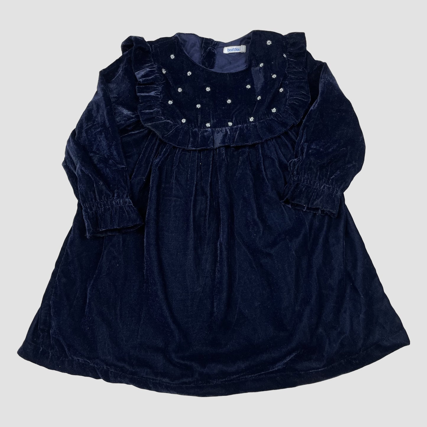 Dunkelblaues Samtkleid mit Rüschen und Blütenstickerei, langarm, Größe 18 Monate