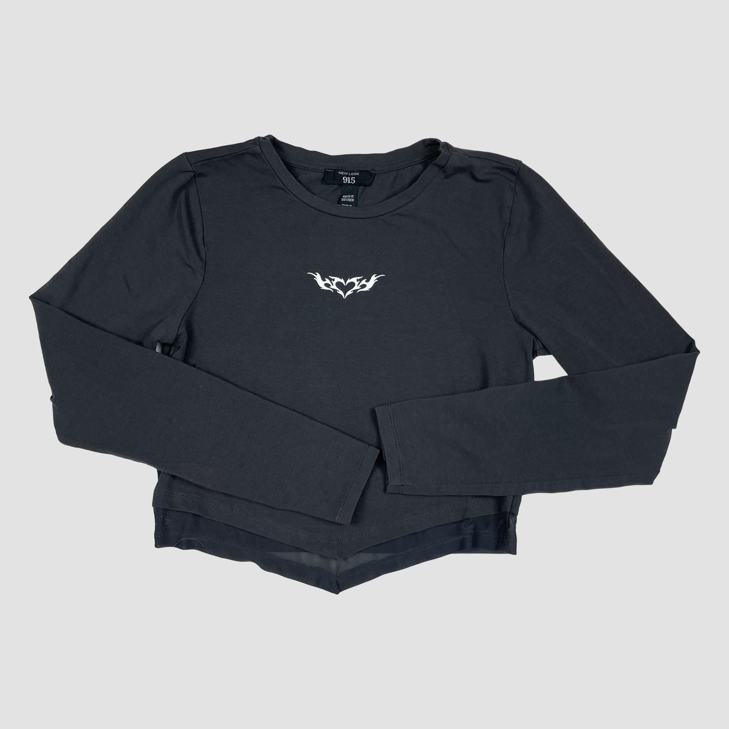 Schwarzes New Look 915 Langarmshirt mit kleinem Tribal-Print und Mesh-Doppelsaum, Größe 14–15 Jahre