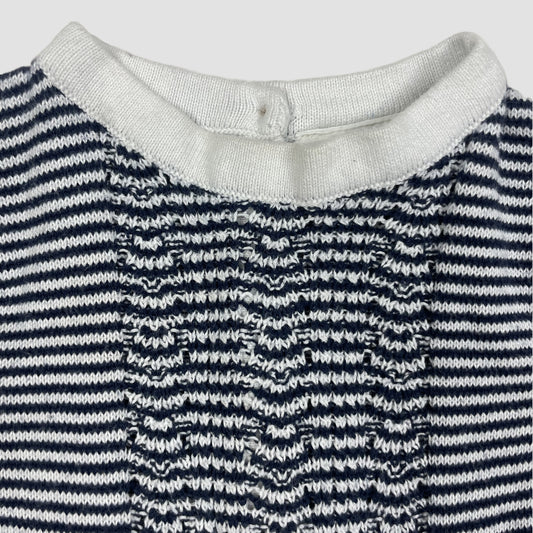 Gestreiftes dunkelblau-weißes Strickkleid für Babys, lange Ärmel, Smockdetail, Größe 86 – detail