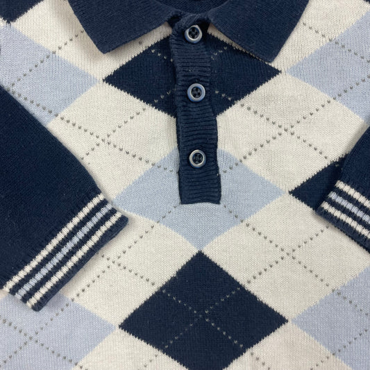 Blauer Argyle-Strickpullover mit Polokragen und Knopfleiste, Größe 6M