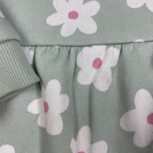 Grünes Baby-Jersey-Kleid mit weißen Blumen, Größe 3–6 Monate – detail