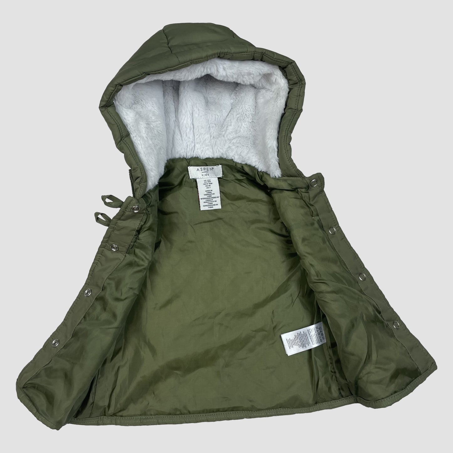 Olivgrüne gesteppte Kinderweste mit Kapuze und Kunstfellfutter, Größe 86 – inside