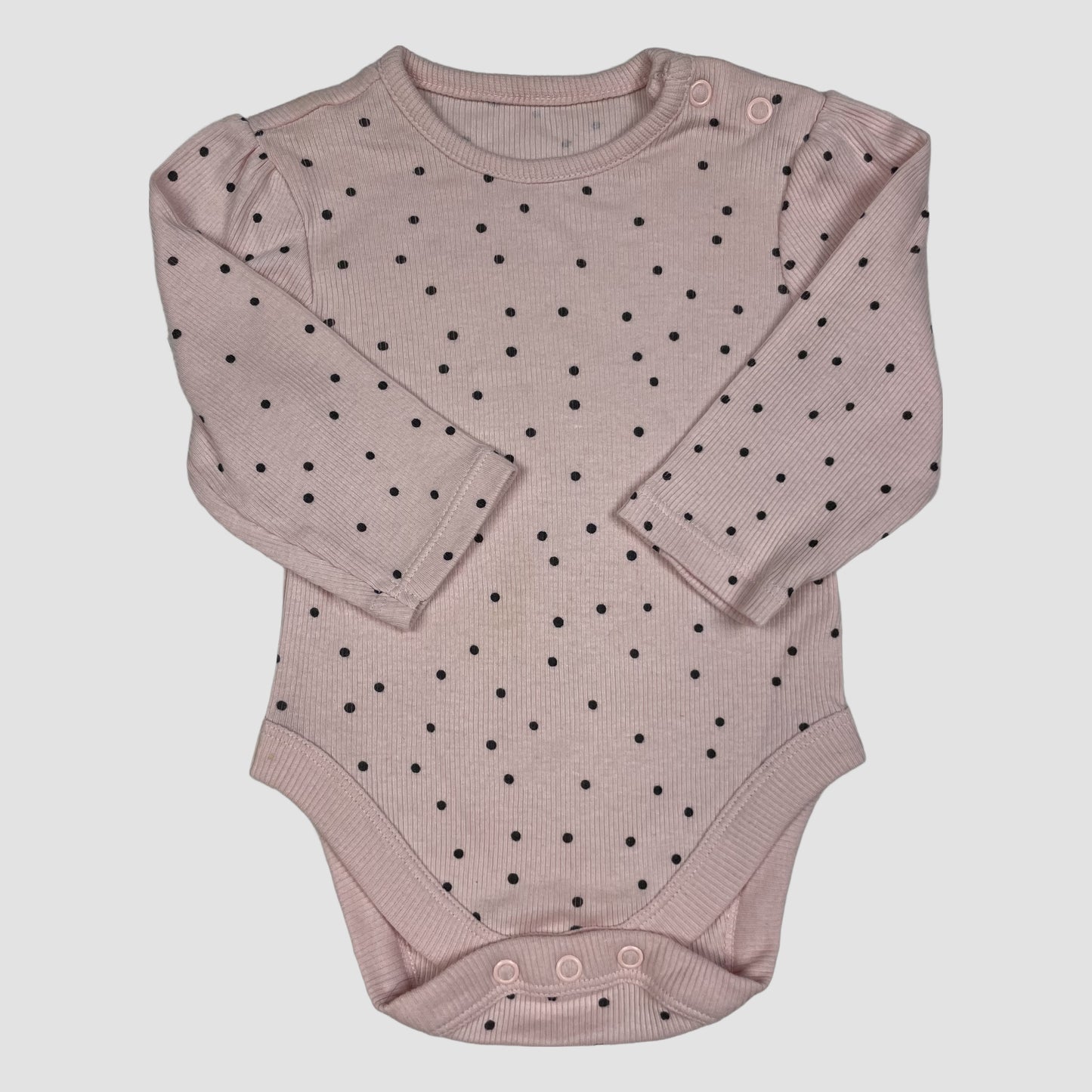 Rosa Langarm-Body mit schwarzen Punkten, Größe 3–6 Monate