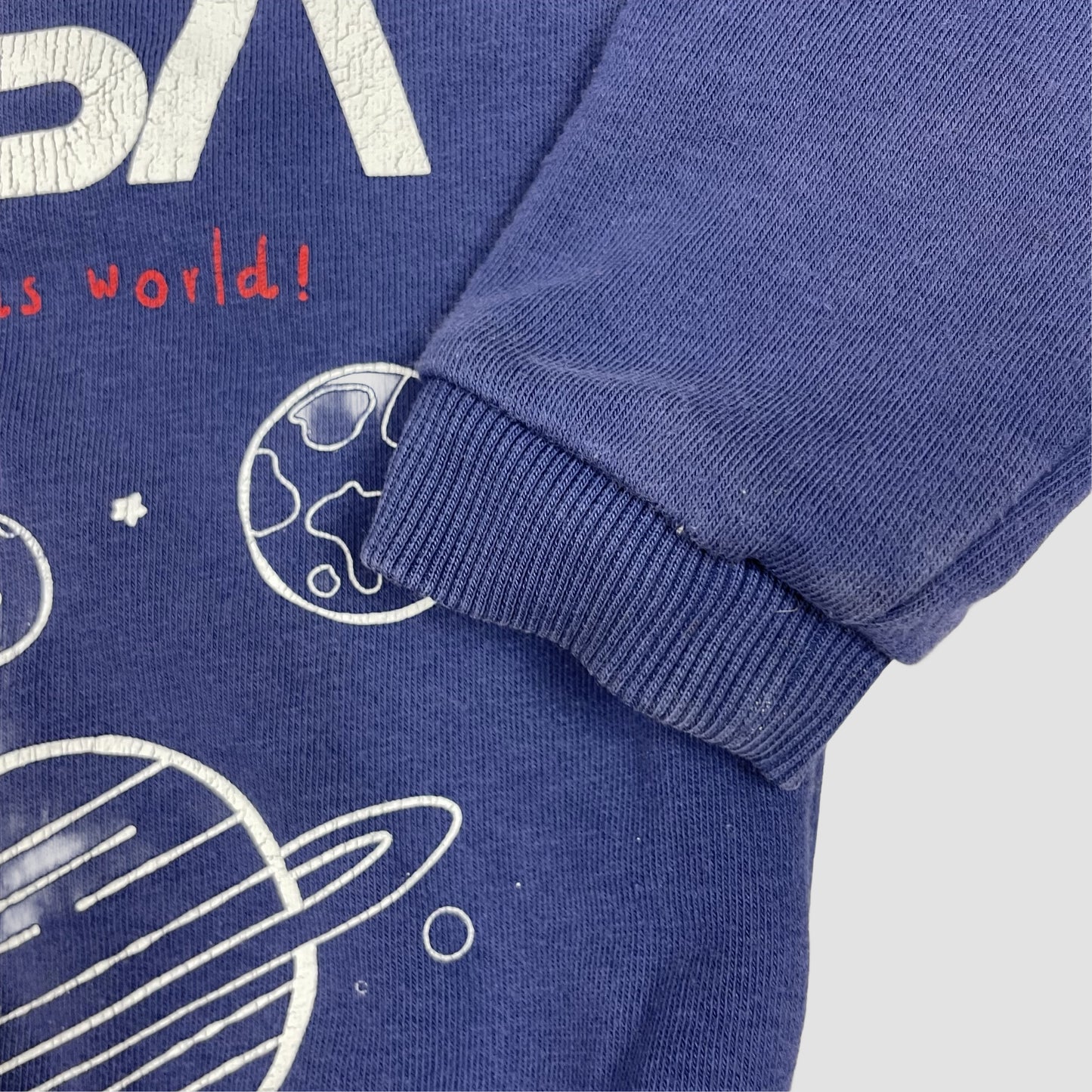 Blauer Baby-Sweatshirt-Pullover mit NASA-Print und Schulterknöpfen, Größe 6–9 Monate – fabric