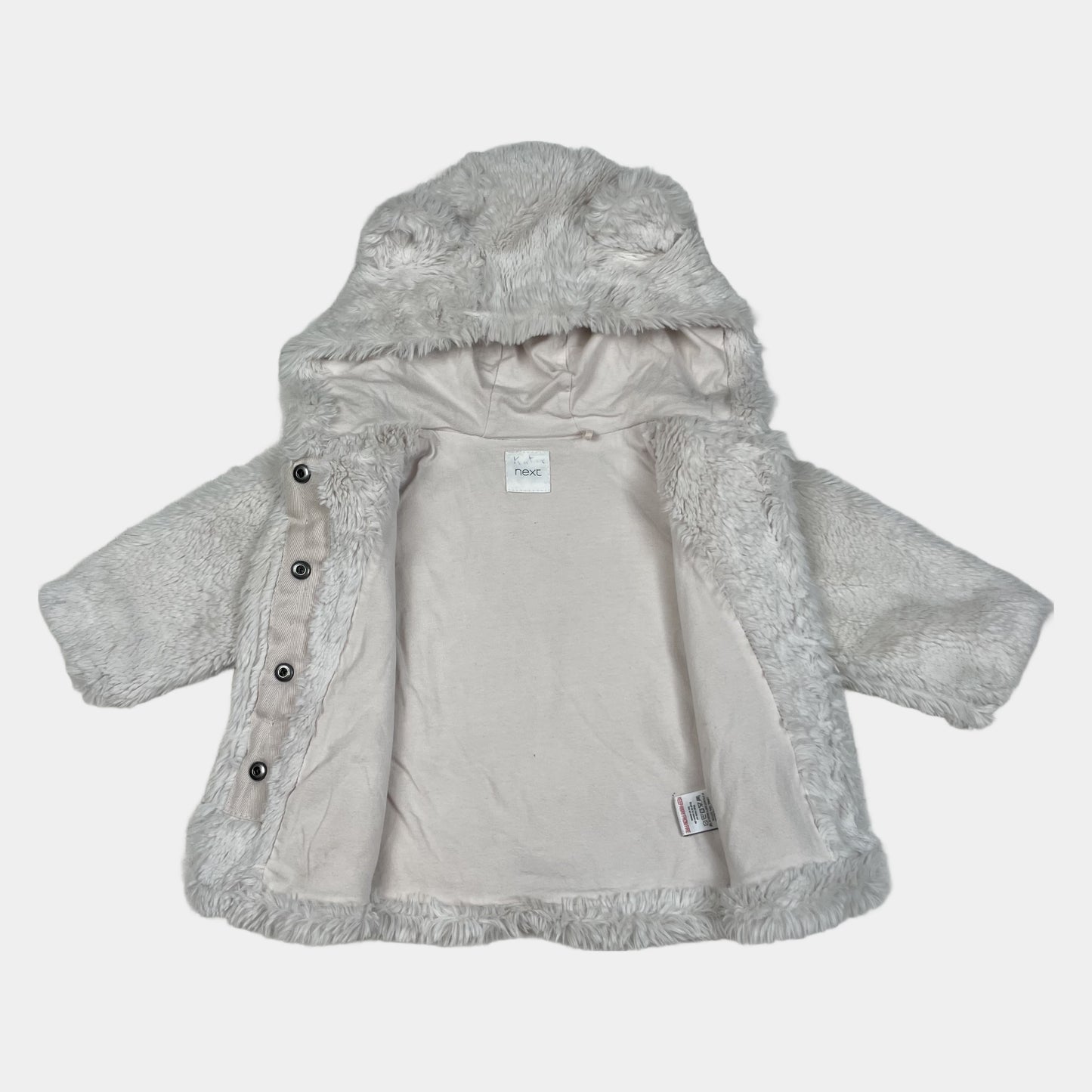 Hellgraue Kunstfell-Babyjacke mit Kapuze und Ohren, Größe 9–12 Monate – inside