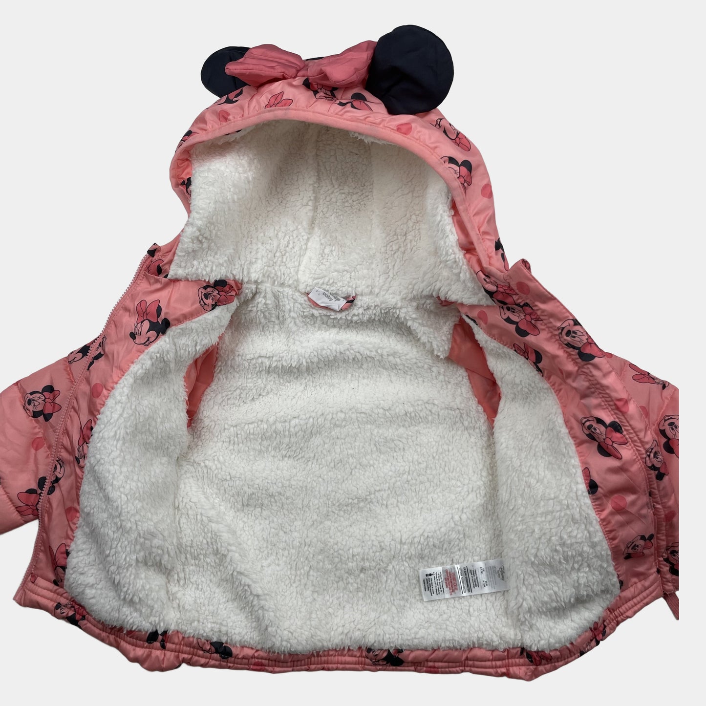 Rosa Steppjacke mit Kapuze, Ohren und Schleife, Minnie-Print, Größe 9–12 Monate – inside