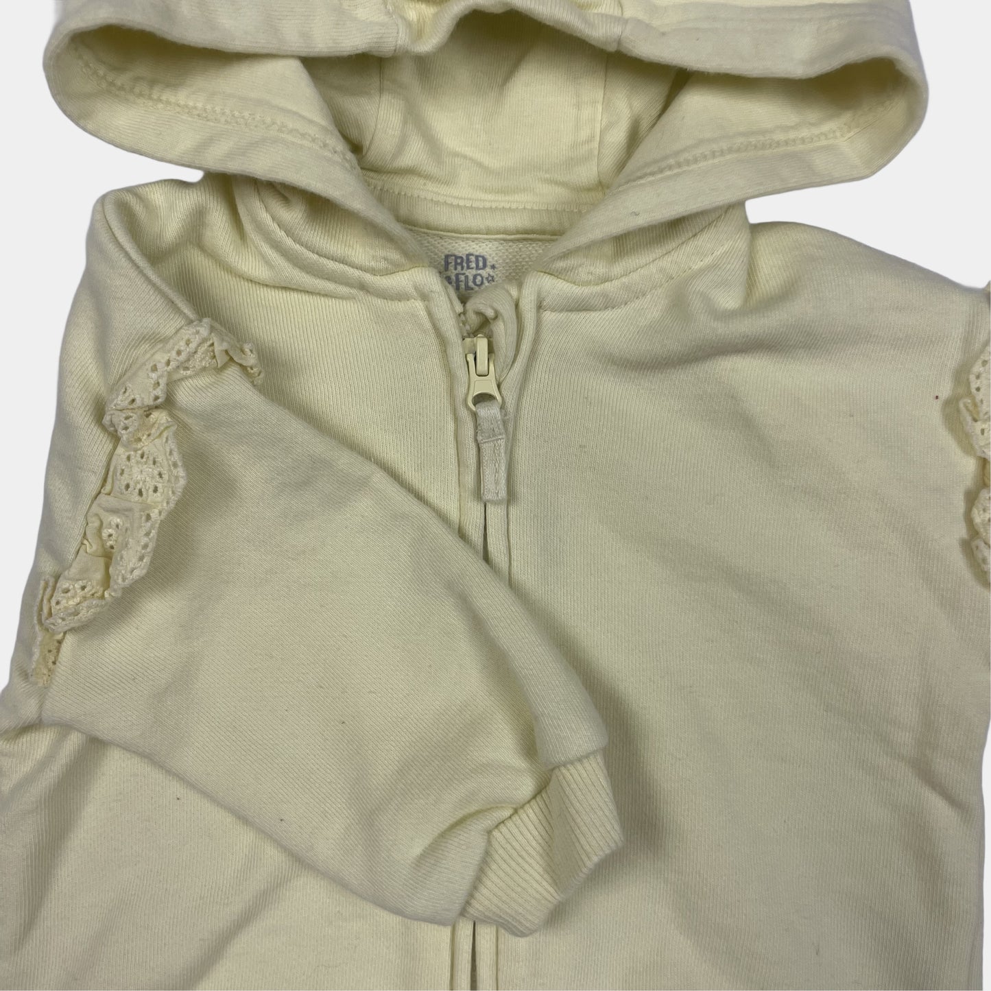 Gelbe Kapuzenjacke für Babys mit Rüschen und Reißverschluss, Größe 3–6 Monate – detail