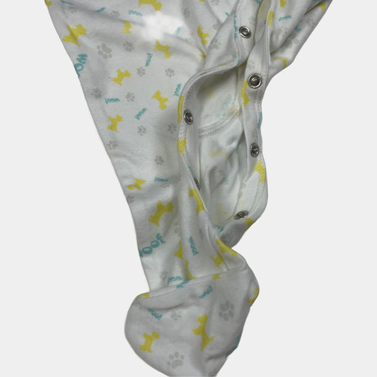 Weißer Baumwoll-Overall mit Hundemuster in Gelb und Blau, Knöpfe an den Schultern – inside