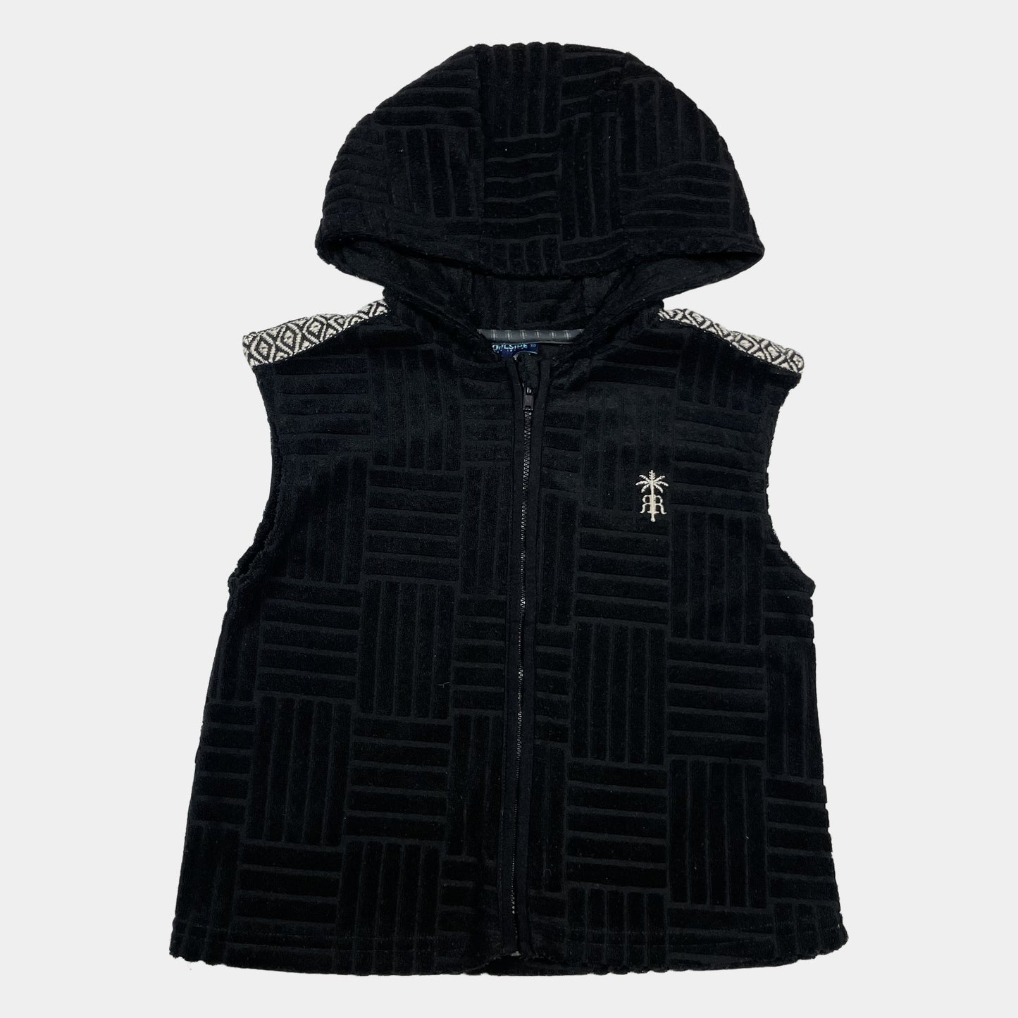 Schwarze Hoodie-Weste mit Kapuze und geometrischem Muster – front