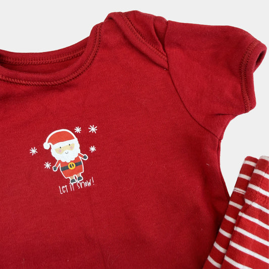 Rotes Baby-Set mit Kurzarmbody und gestreifter Leggings, Weihnachtsmann-Print – detail