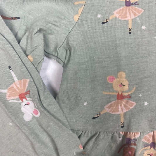 Grünes Baumwoll-Kleid mit Maus-Print und langen Ärmeln von H&M in Größe 98/104. – detail