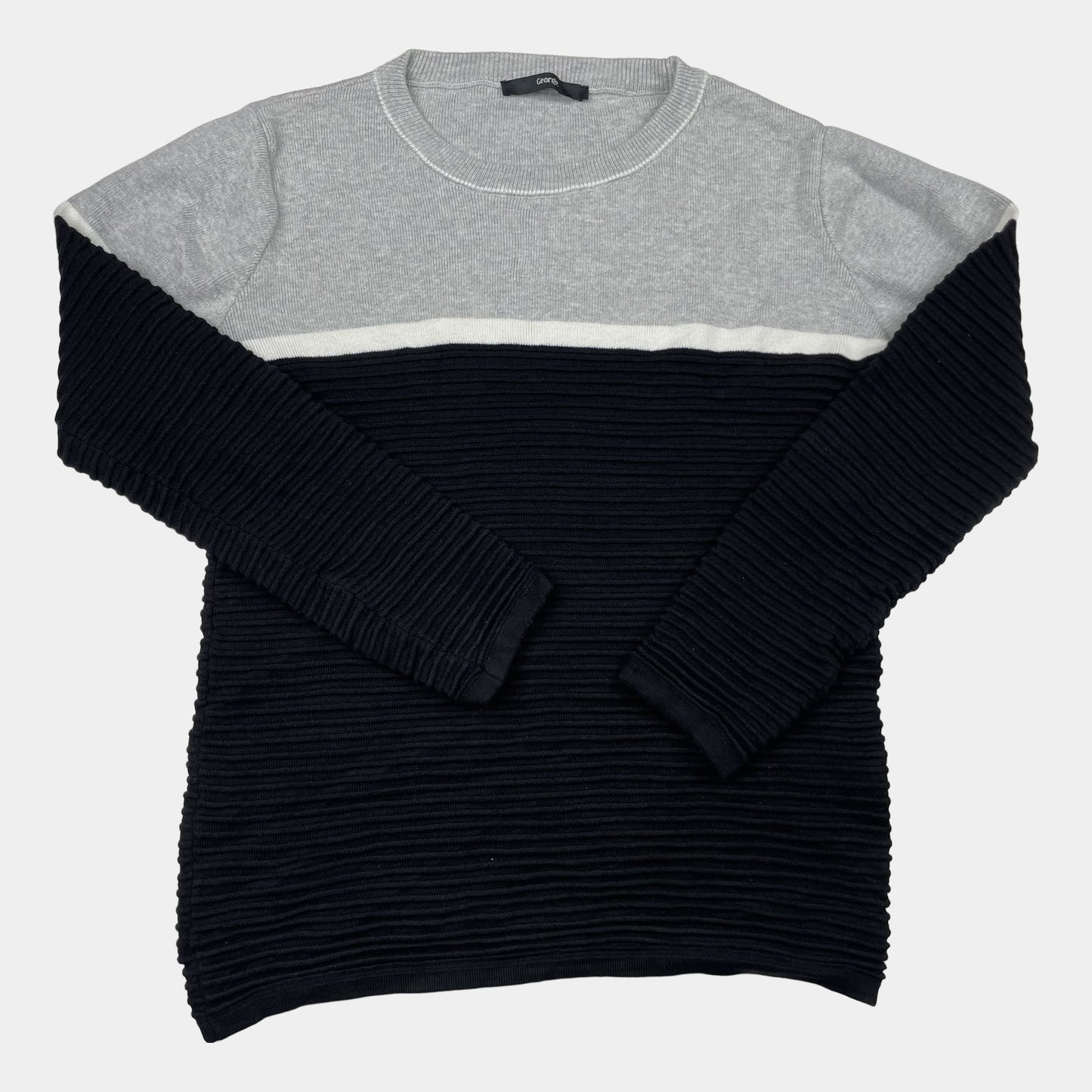 Grauer und schwarzer Pullover aus Baumwolle mit strukturierter Oberfläche und langen Ärmeln. – front