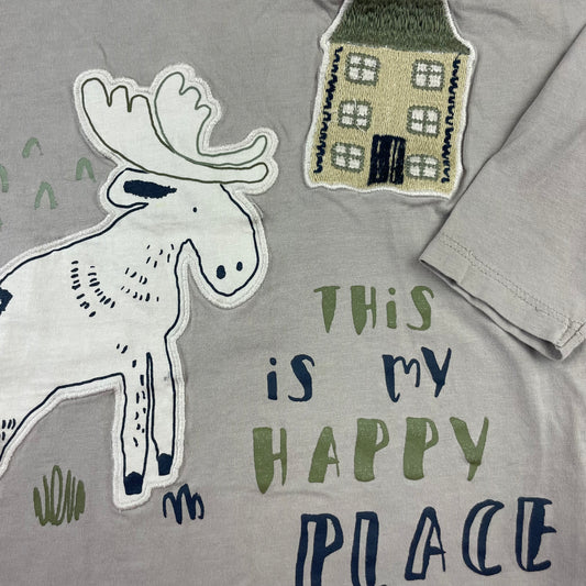 Taupefarbenes Langarmshirt mit Elch-Motiv von George, Größe 2-3 Jahre, Baumwolle – detail