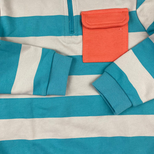 Blau-weißer gestreifter Pullover mit orangefarbener Tasche für Kinder – detail