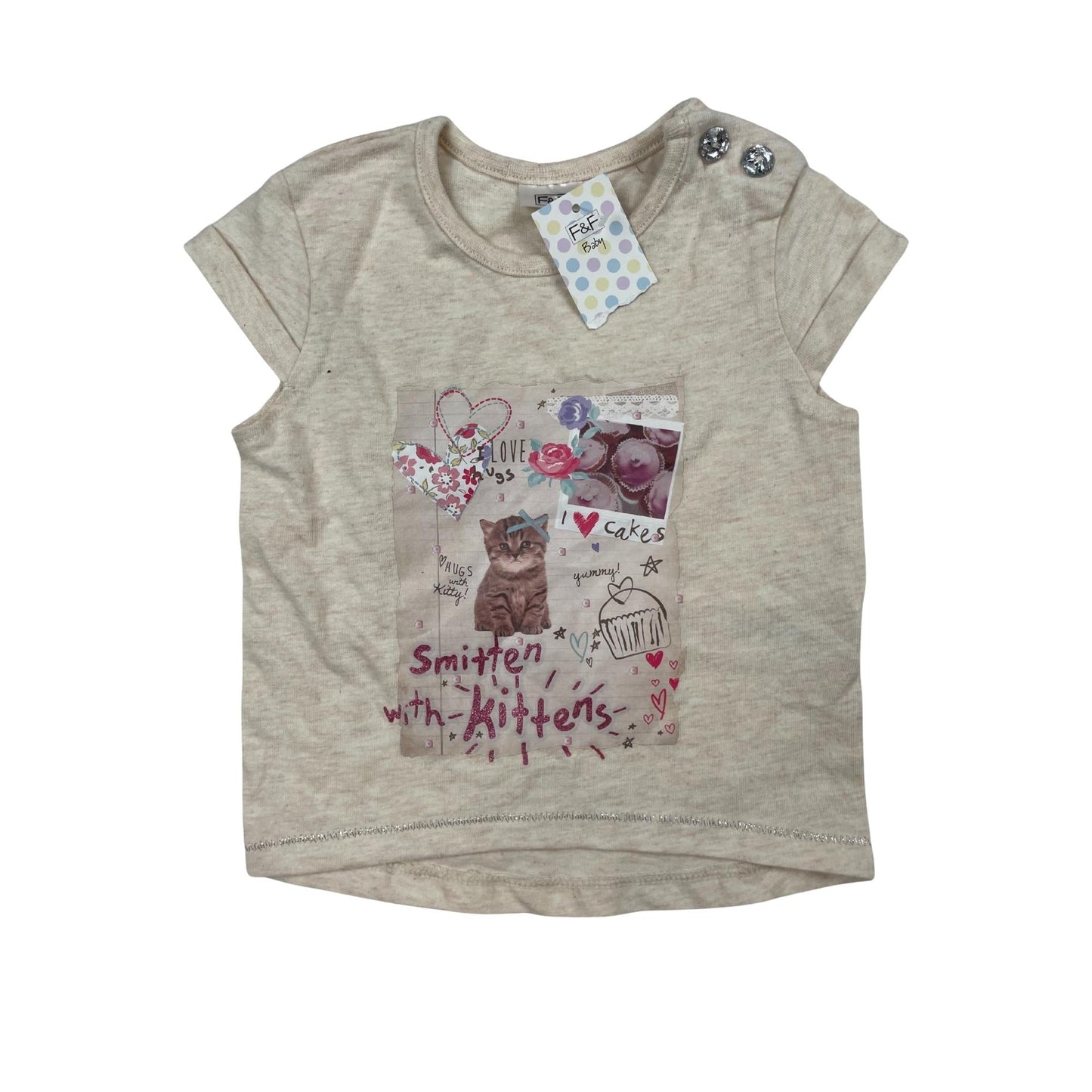 Beiges T-Shirt, Katzenmotiv, Mädchen, Größe 0-3 Monate