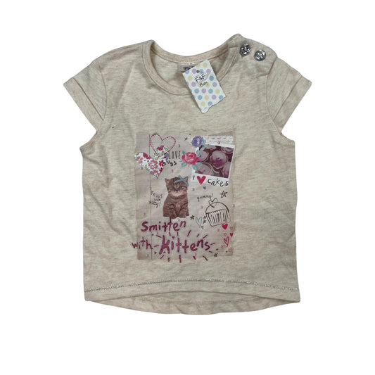 Beiges T-Shirt, Katzenmotiv, Mädchen, Größe 0-3 Monate