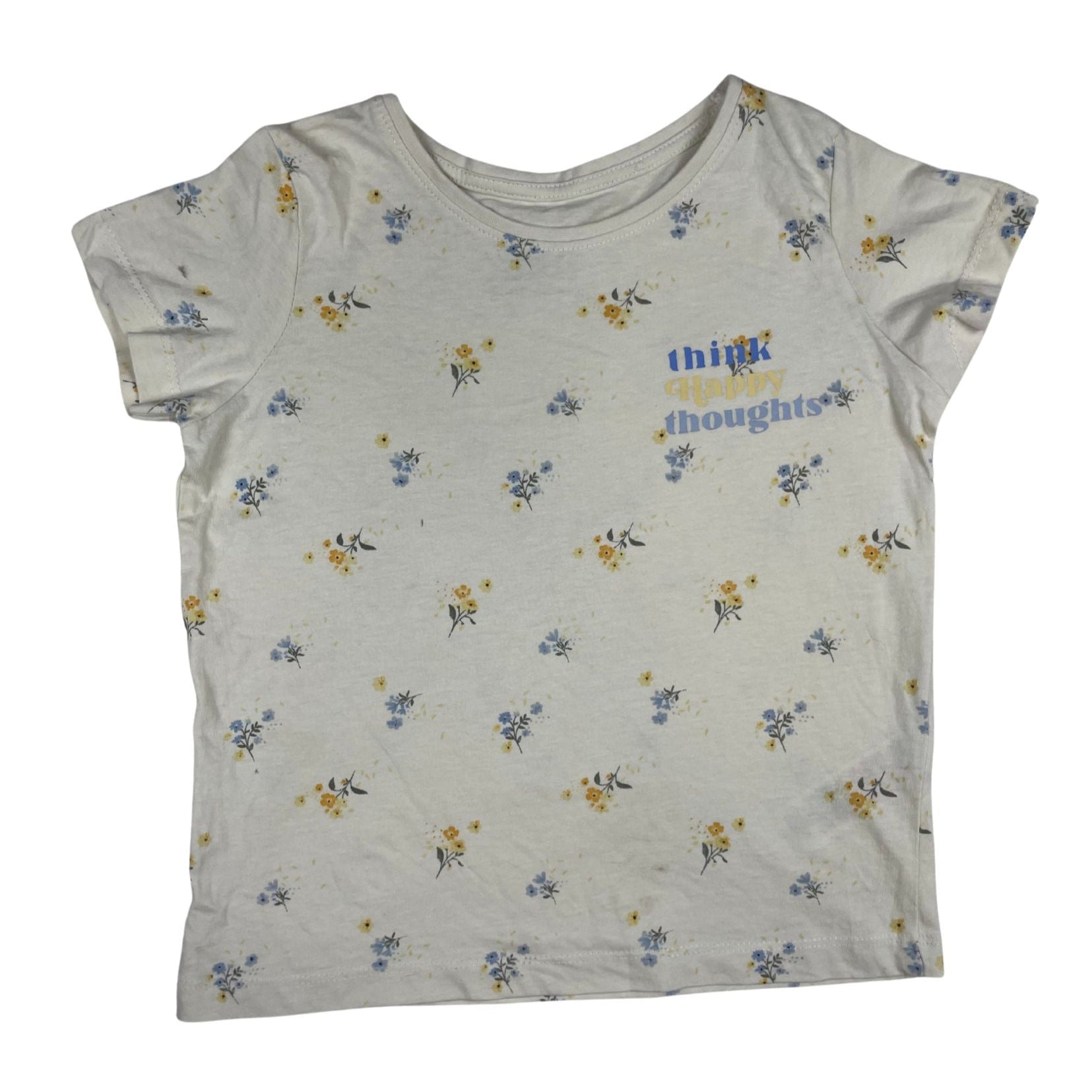 T-Shirt mit Blumenmuster und Print 'think happy thoughts'