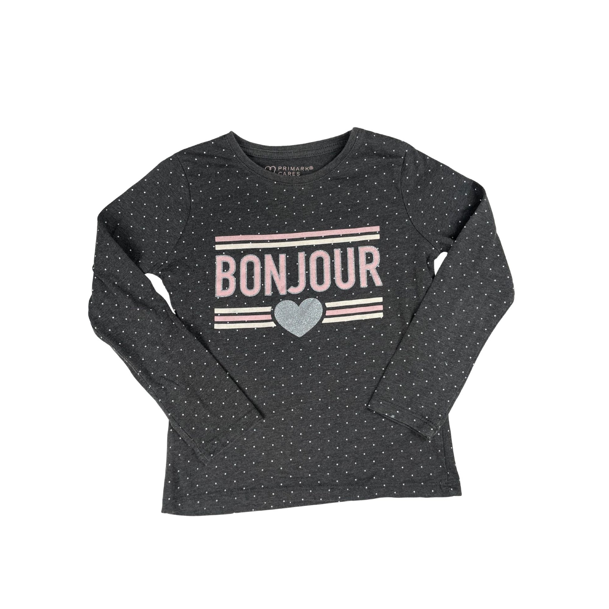 Graues Mädchen-Langarmshirt mit 'Bonjour' Print und Herzmotiv