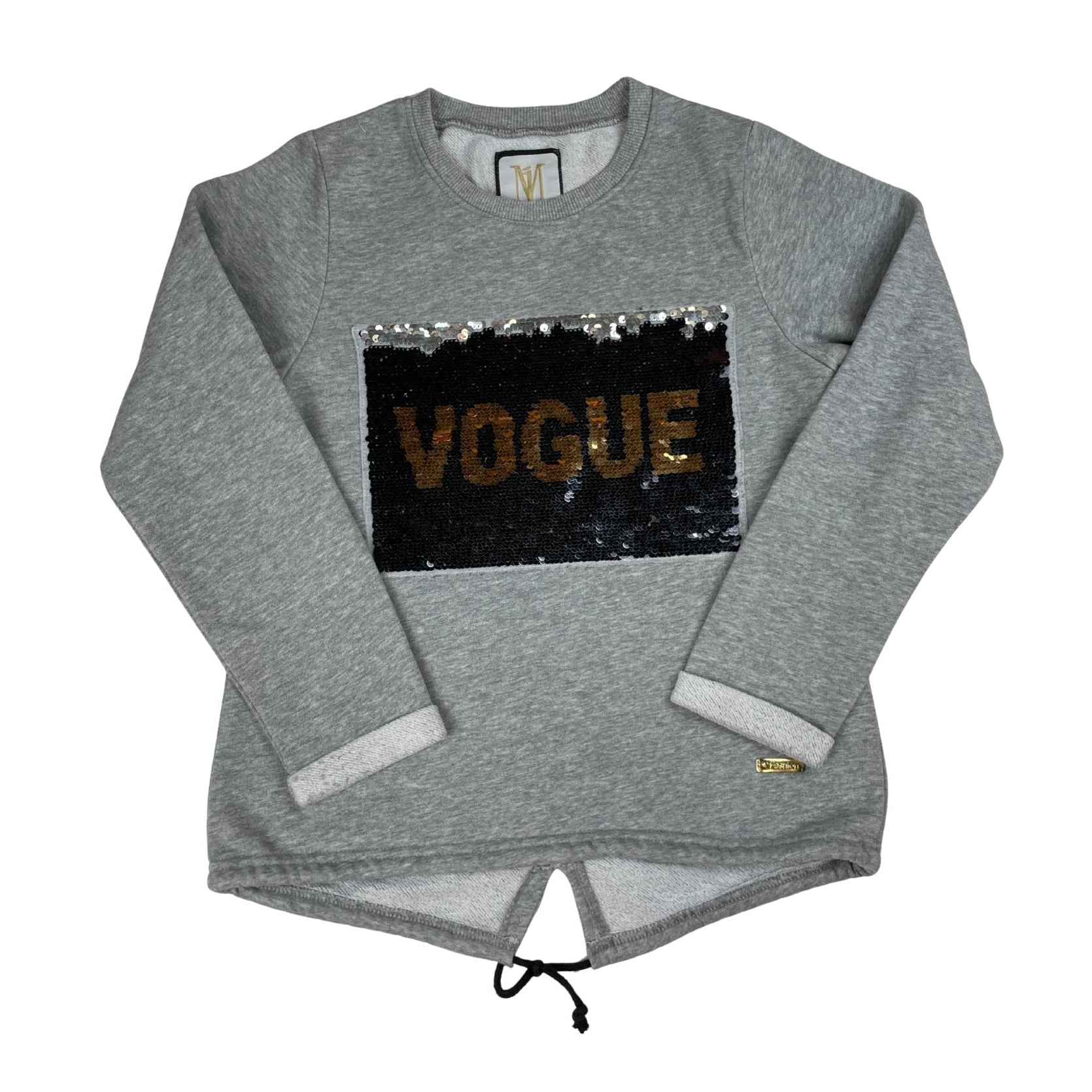 Grauer Pullover mit Pailletten-Vogue-Motiv für Mädchen