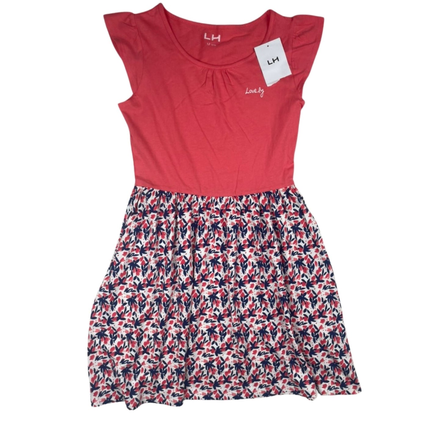 Korallenfarbenes Mädchenkleid mit floralem Rock