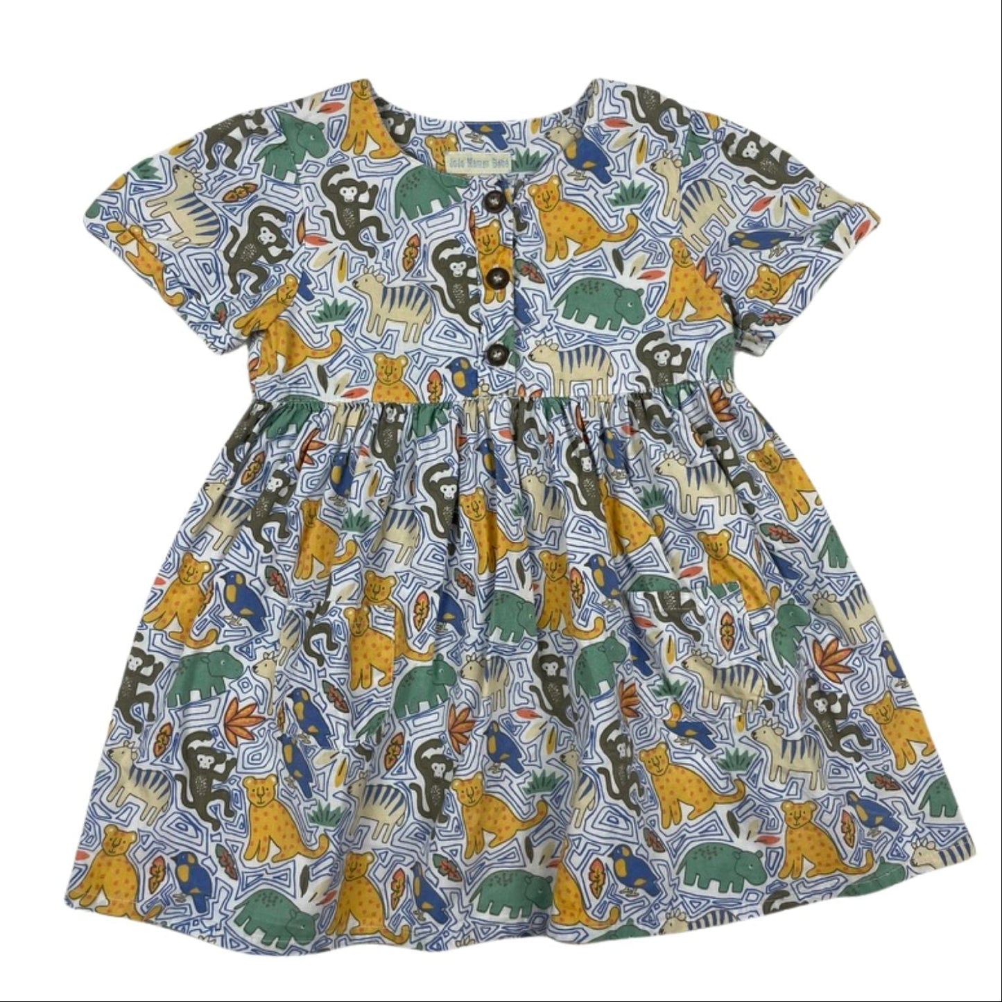 Buntes Kinderkleid mit Tiermuster und Knopfleiste