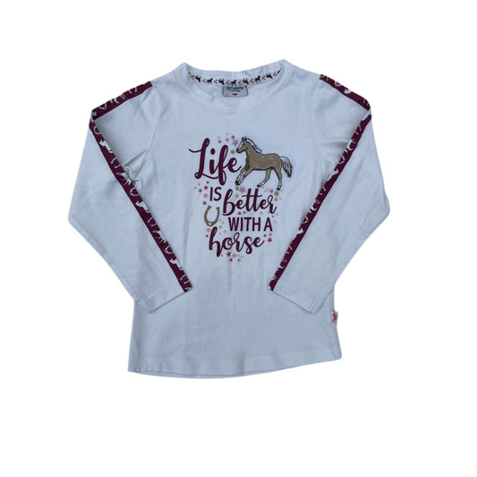 Weißes Langarmshirt mit Pferdemotiv und Schriftzug