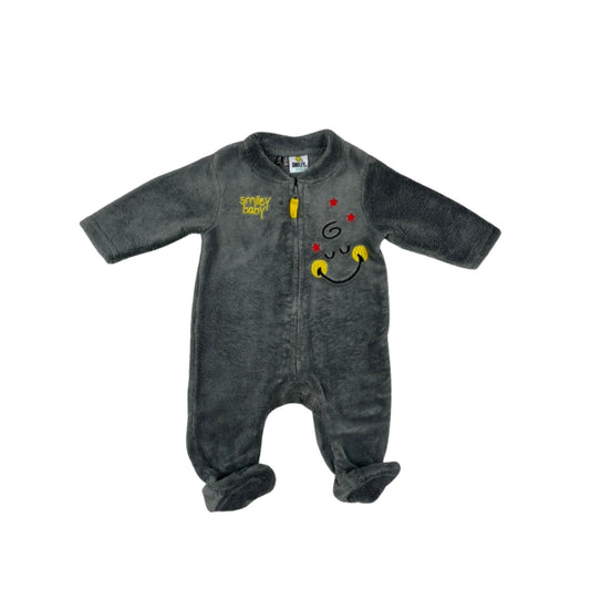 Grauer Fleece-Strampler mit Stickerei „Smiley Baby“ und Sternen, Reißverschluss vorne, Größe 60