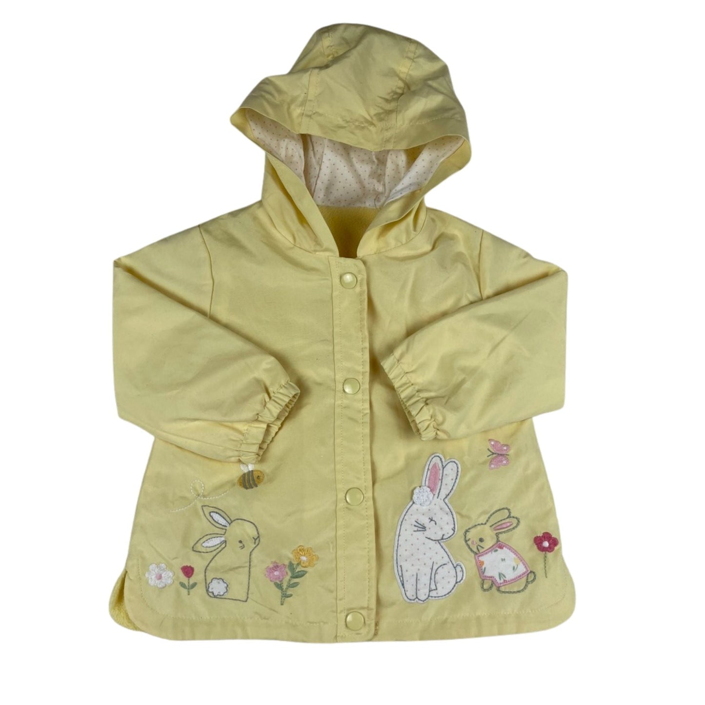 Gelbe Nutmeg Kinderjacke mit Kapuze und Häschen-Stickerei, fleecegefüttert.