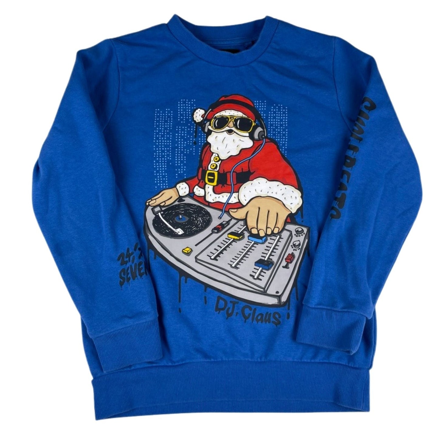 Blaues NEXT Sweatshirt mit DJ-Weihnachtsmann-Print, Größe 8 Jahre (128).