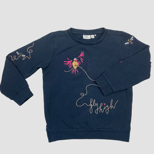 Dunkelblaues Sweatshirt von Name it mit Vogel- und Bienen-Stickerei, Größe 110 – front