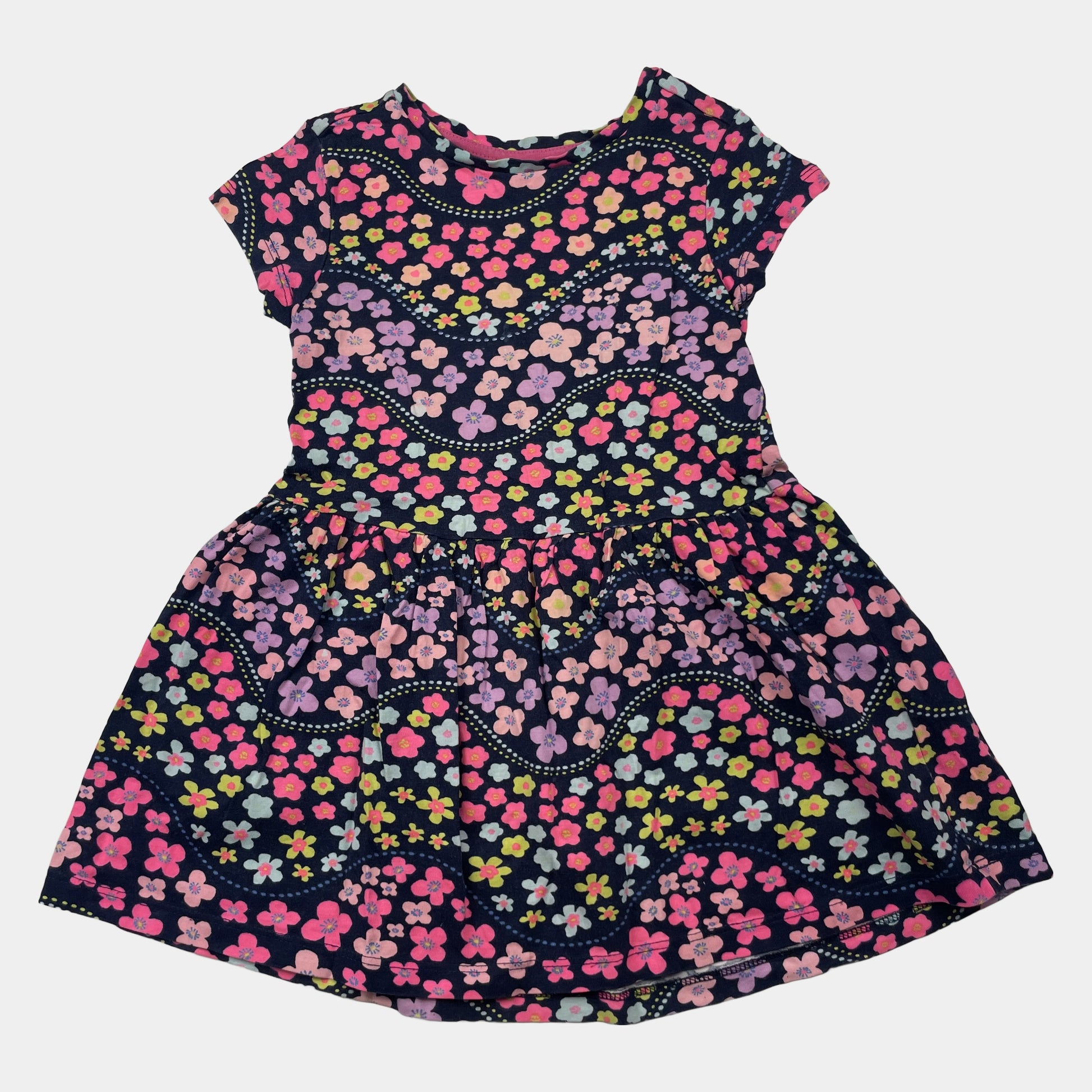 Mehrfarbiges Baumwoll-Kleid mit Blumenmuster und kurzen Ärmeln – front