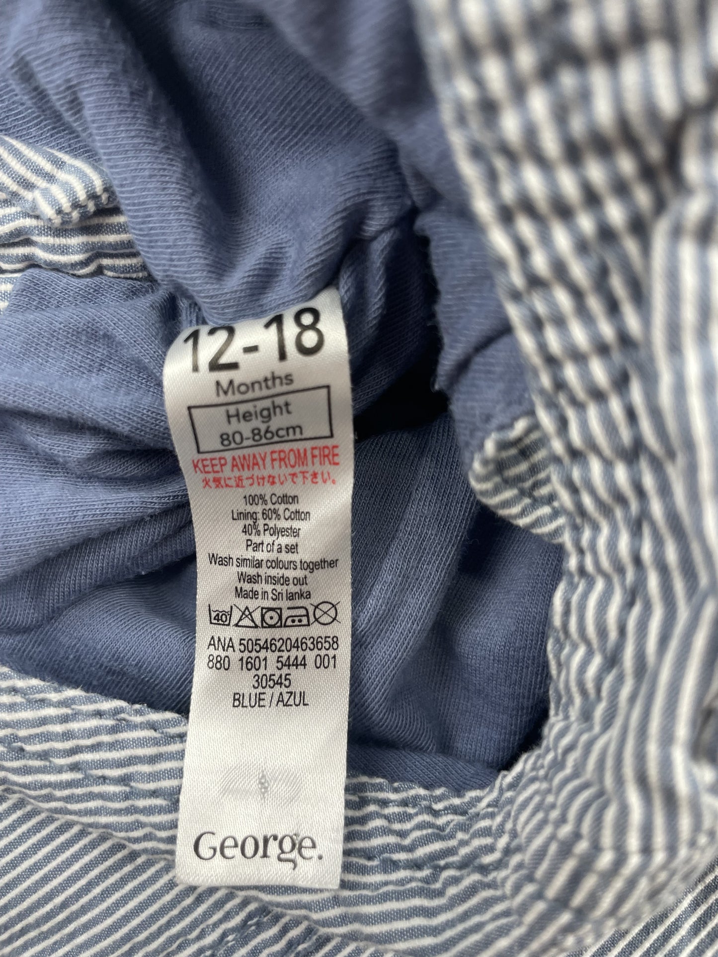Gestreifter grauer Baumwoll-Overall für Kleinkinder mit Knöpfen und Taschen, Größe 12-18 Monate, von George. – label