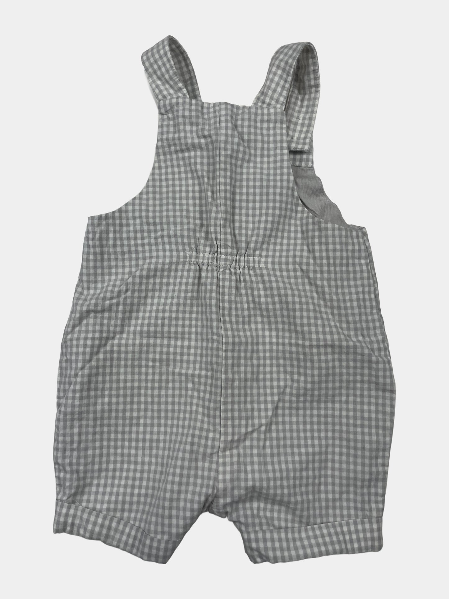 Graue karierte Latzhose für Babys mit Holzknöpfen – back