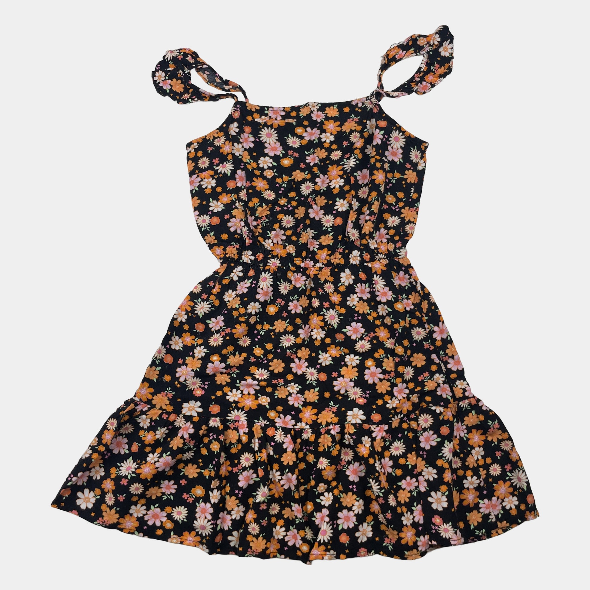 Schwarzes Viskose-Kleid mit Blumenmuster für Mädchen Größe 140 – front