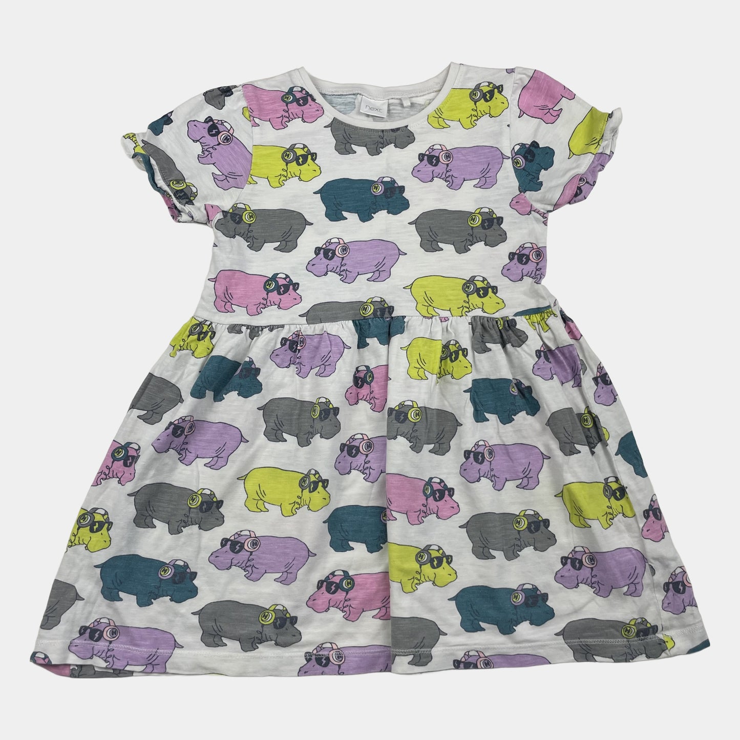 Mehrfarbiges Baumwoll-Kleid von Next mit Hippo-Print, Größe 4-5 Jahre – front