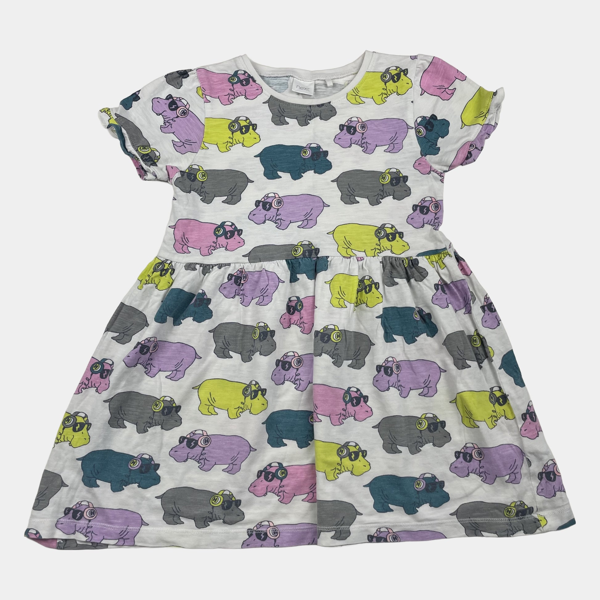 Mehrfarbiges Baumwoll-Kleid von Next mit Hippo-Print, Größe 4-5 Jahre – front
