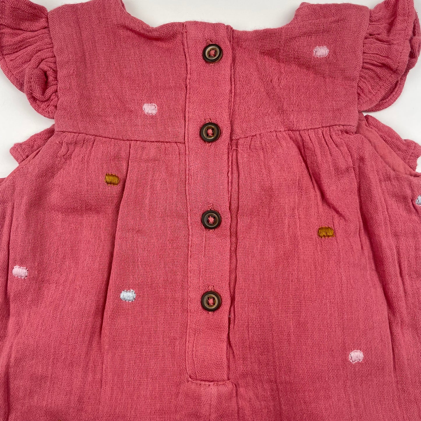 Rosa Musselin Baumwoll-Overall mit Punktmustern und Rüschen – back