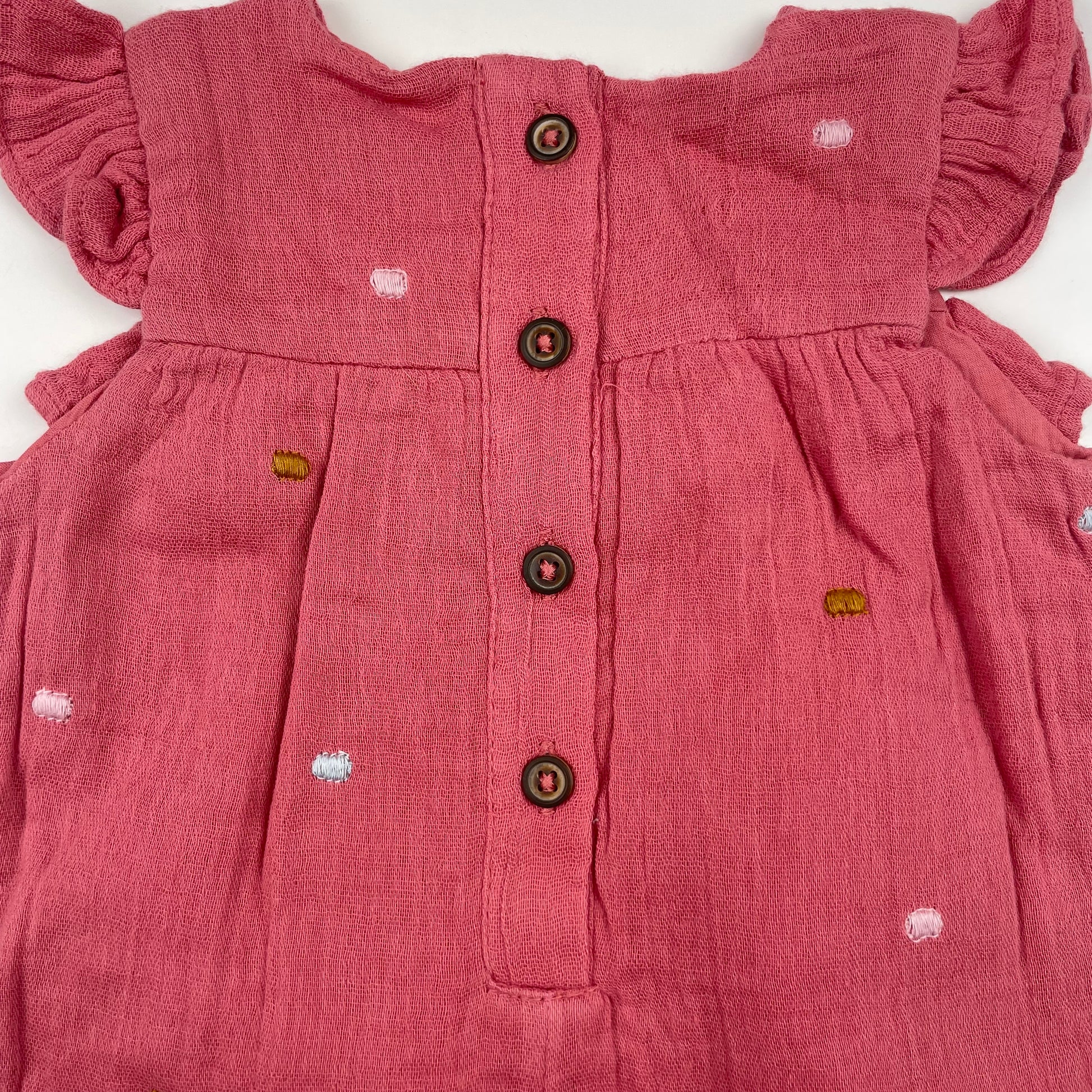 Rosa Musselin Baumwoll-Overall mit Punktmustern und Rüschen – back