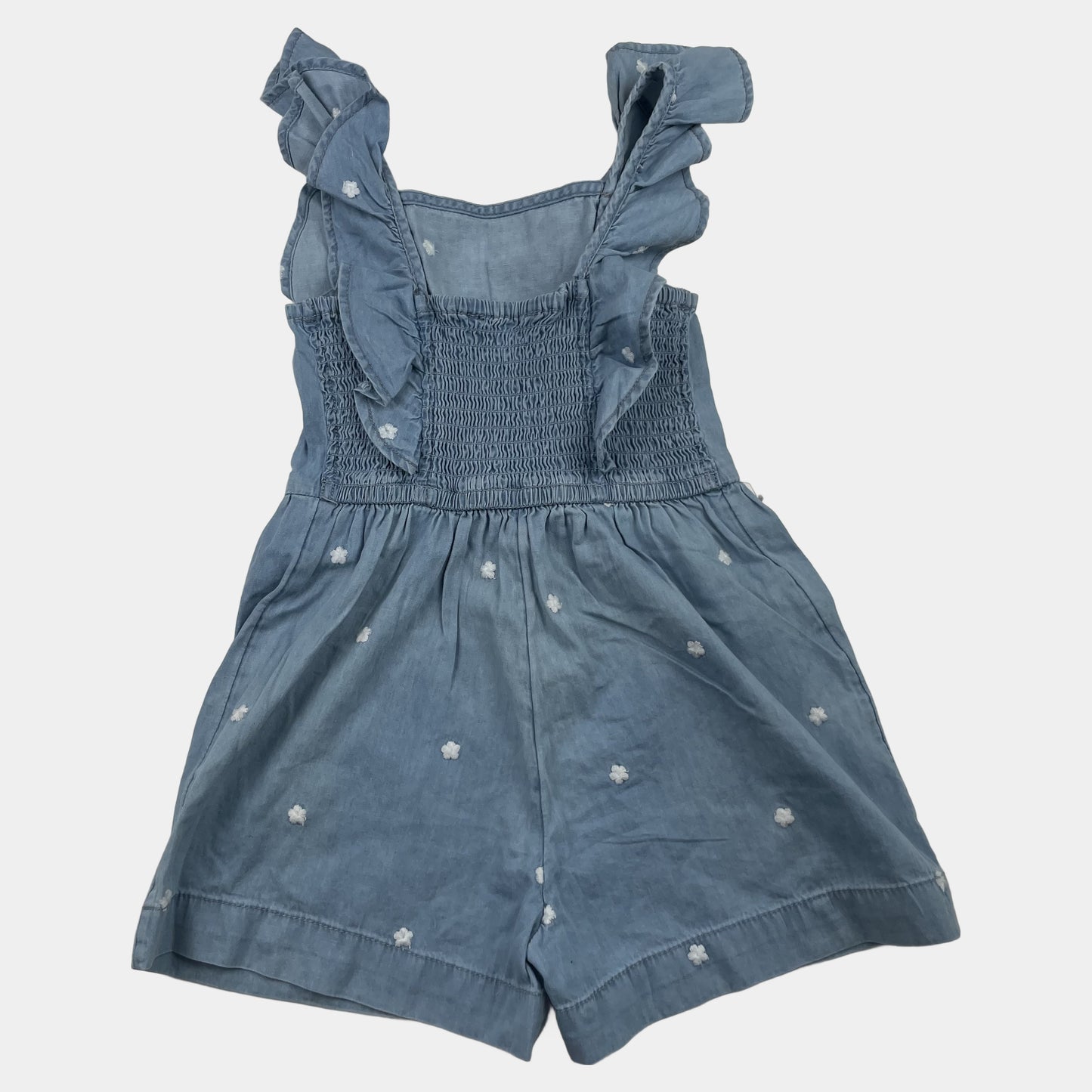 Blauer Denim-Overall mit Rüschen und Blumenstickereien für 4-5 Jahre – back