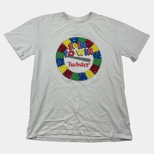 Weißes Twister T-Shirt für Kinder, Größe 12 Jahre, mit buntem Spin-to-Win Print – front